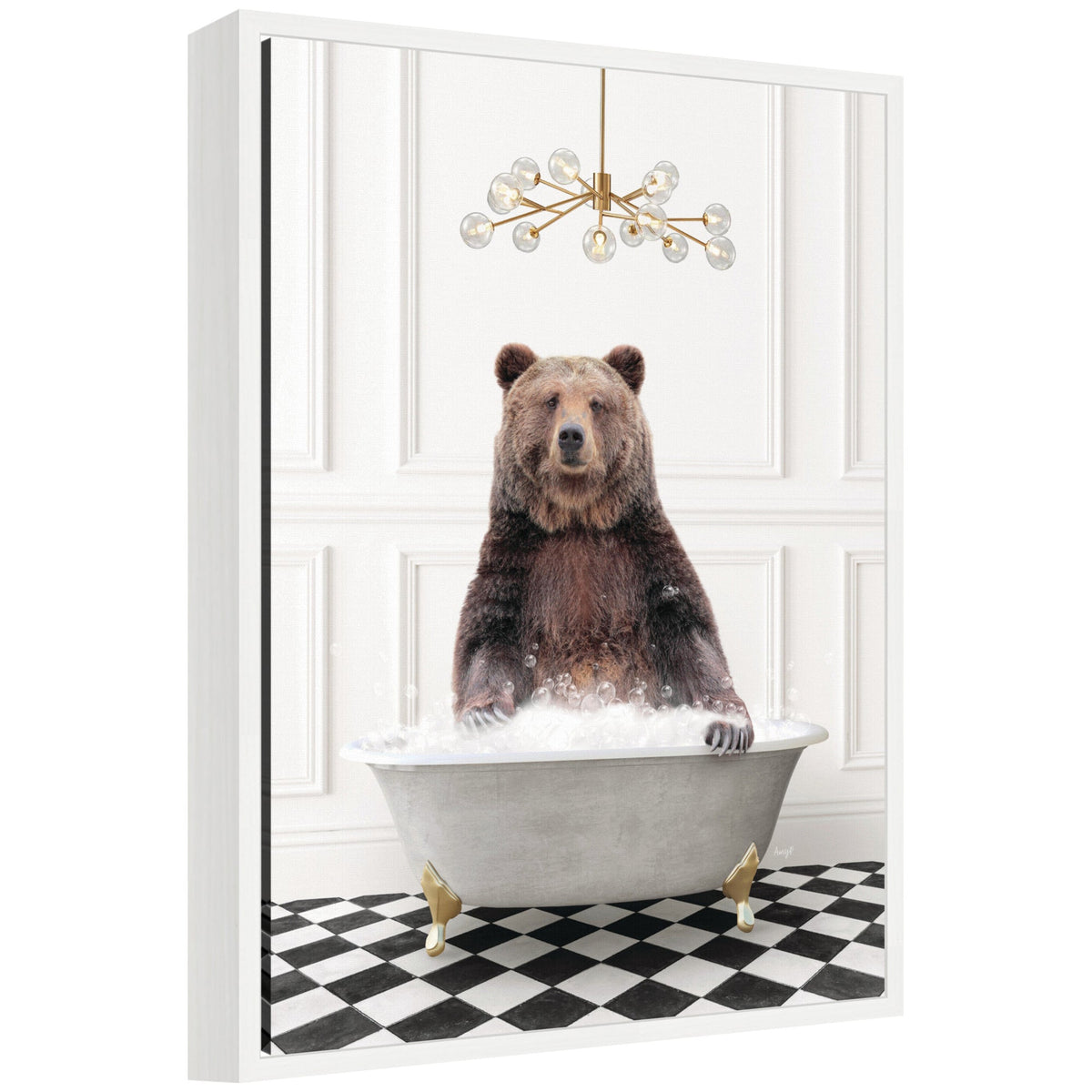 Sylvie Bear in Gray Bathtub on Checker Floor Framed Canvas by Amy Peterson