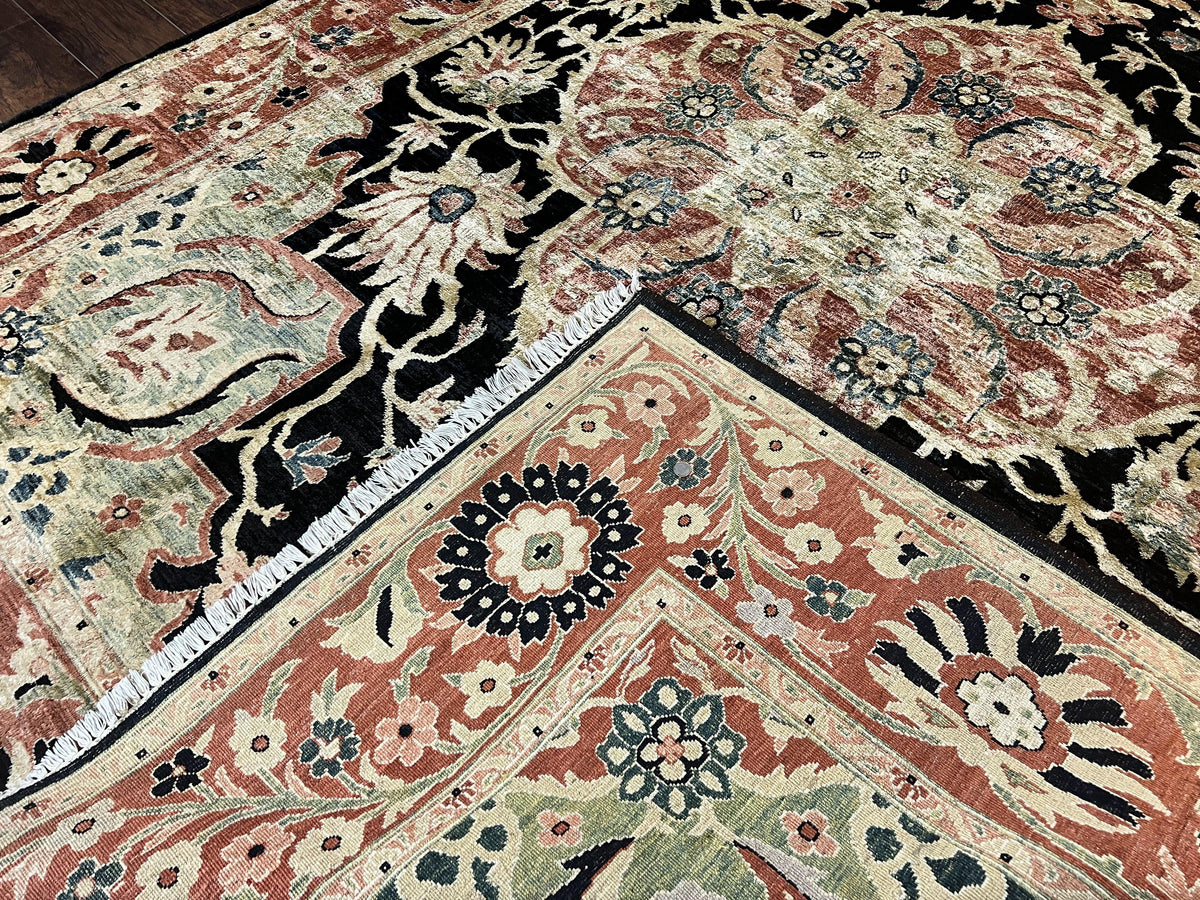 Pak Persian Rug 8x10, Pakistani Mahal Sultanabad Carpet, Signature from Master Weaver, Shiny Wool, Black Red Vintage Handmade Medallion Rug - Jewel Rugs, view 11