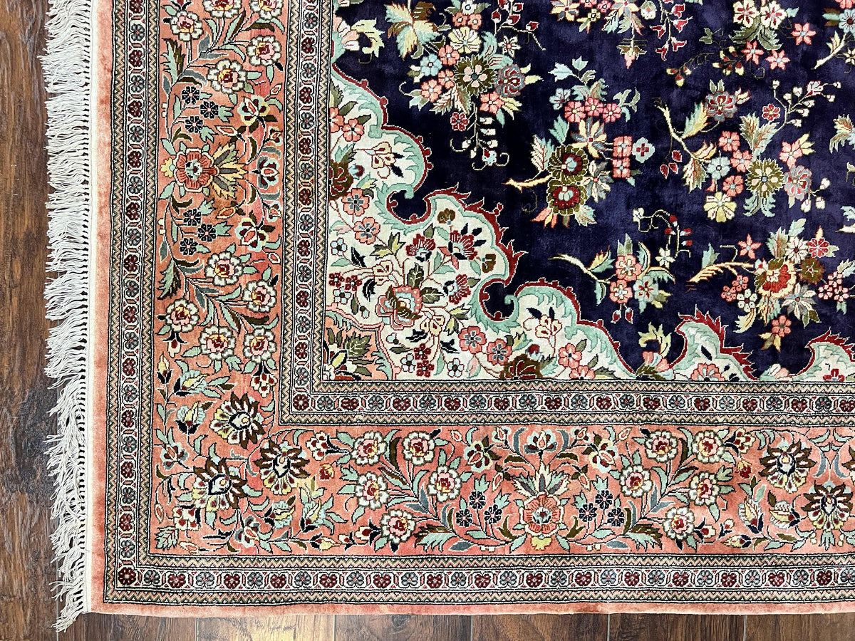Stunning Silk Persian Qum Rug 7x9, Finely Hand Knotted Navy Blue & Salmon Floral Medallion Authentic Oriental Carpet, Vintage Handmade Silk Ghom Rug, Silk on Silk - Jewel Rugs, view 8