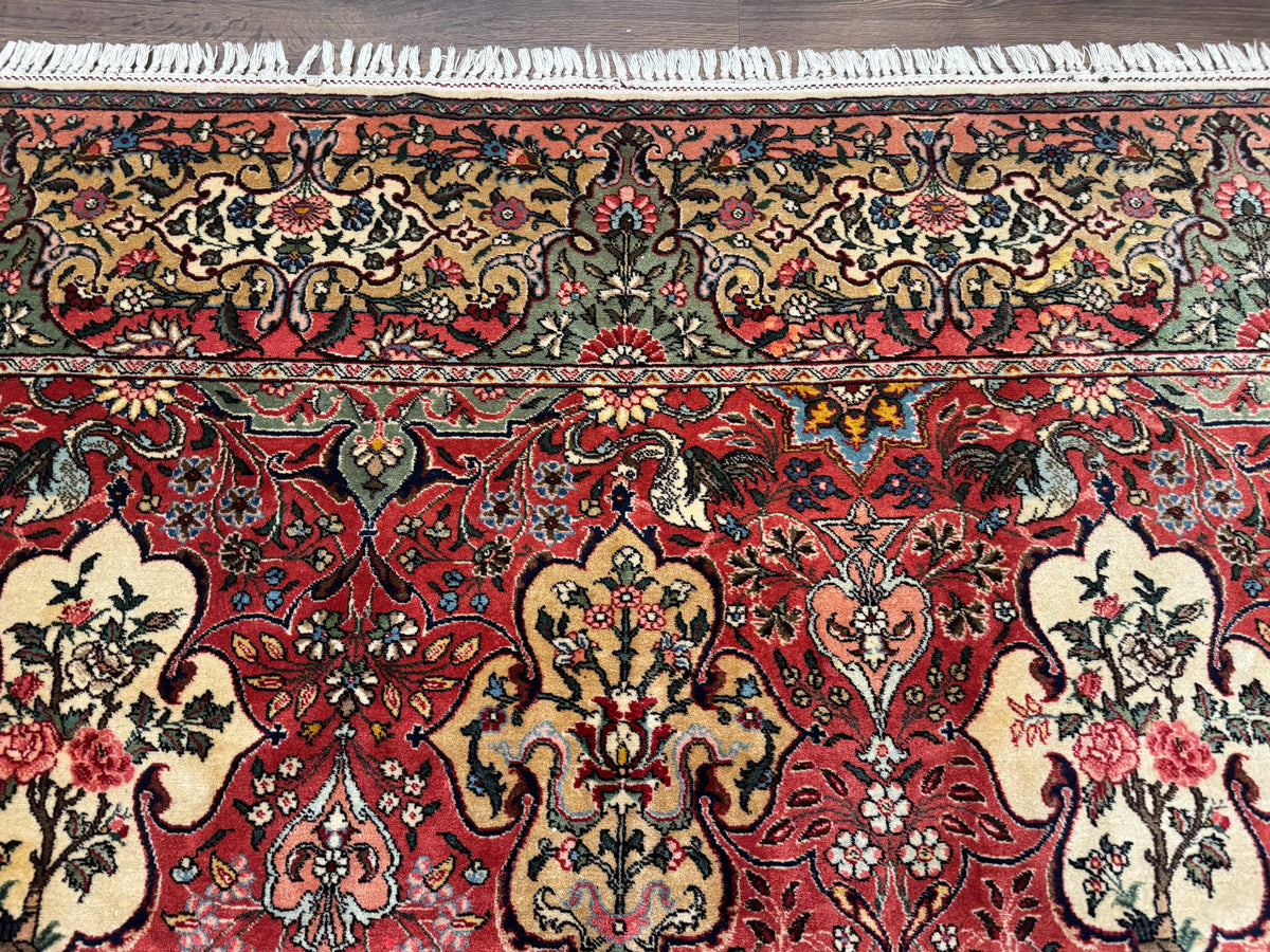 Antique Tabriz Persian Rug 7x10, Red Cream Tan, Unique Design, Fine 270 KPSI, Birds, Floral - Jewel Rugs, view 3