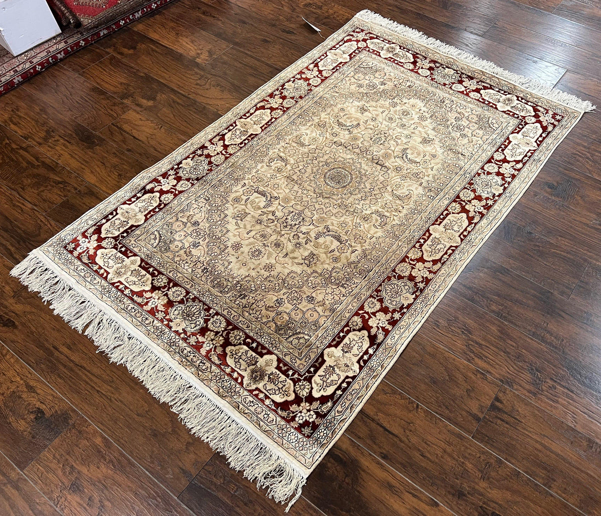 Silk Indian Kashmiri Rug 4x6 ft, Floral Medallion Hand Knotted Handmade Oriental Carpet, Vintage, Cream Burgundy, Very Fine Silk Rug 4 x 6 - Jewel Rugs, view 2