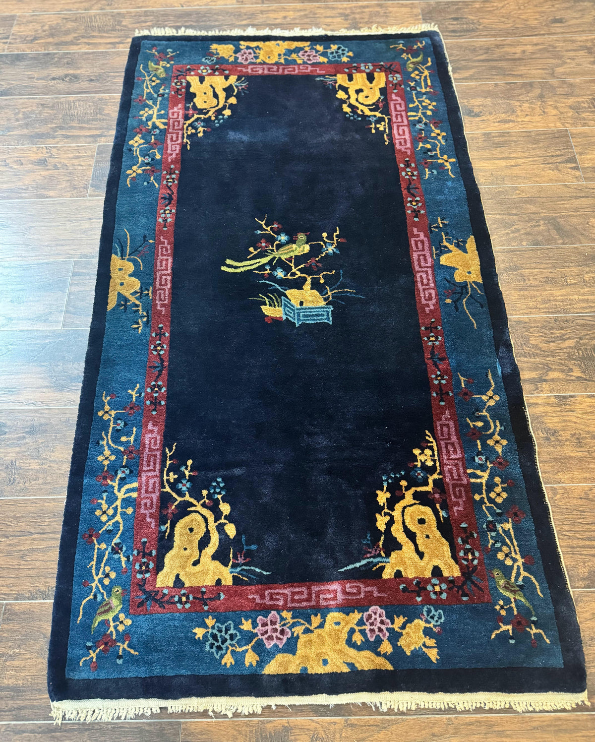 Antique Chinese Peking Rug 3x6, Dark Blue, Bird Motif, Handmade Wool Art Deco Asian Oriental Carpet, Pair B - Jewel Rugs, view 2