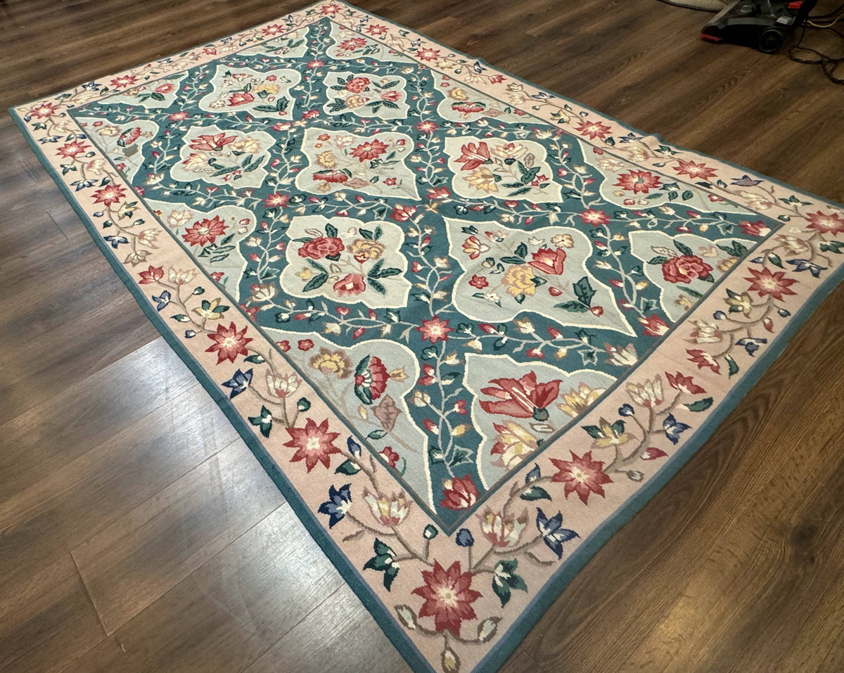 Teal Needlepoint Rug 6x9, Panel Design, Floral Bouquets, Handmade - Jewel Rugs, view 13