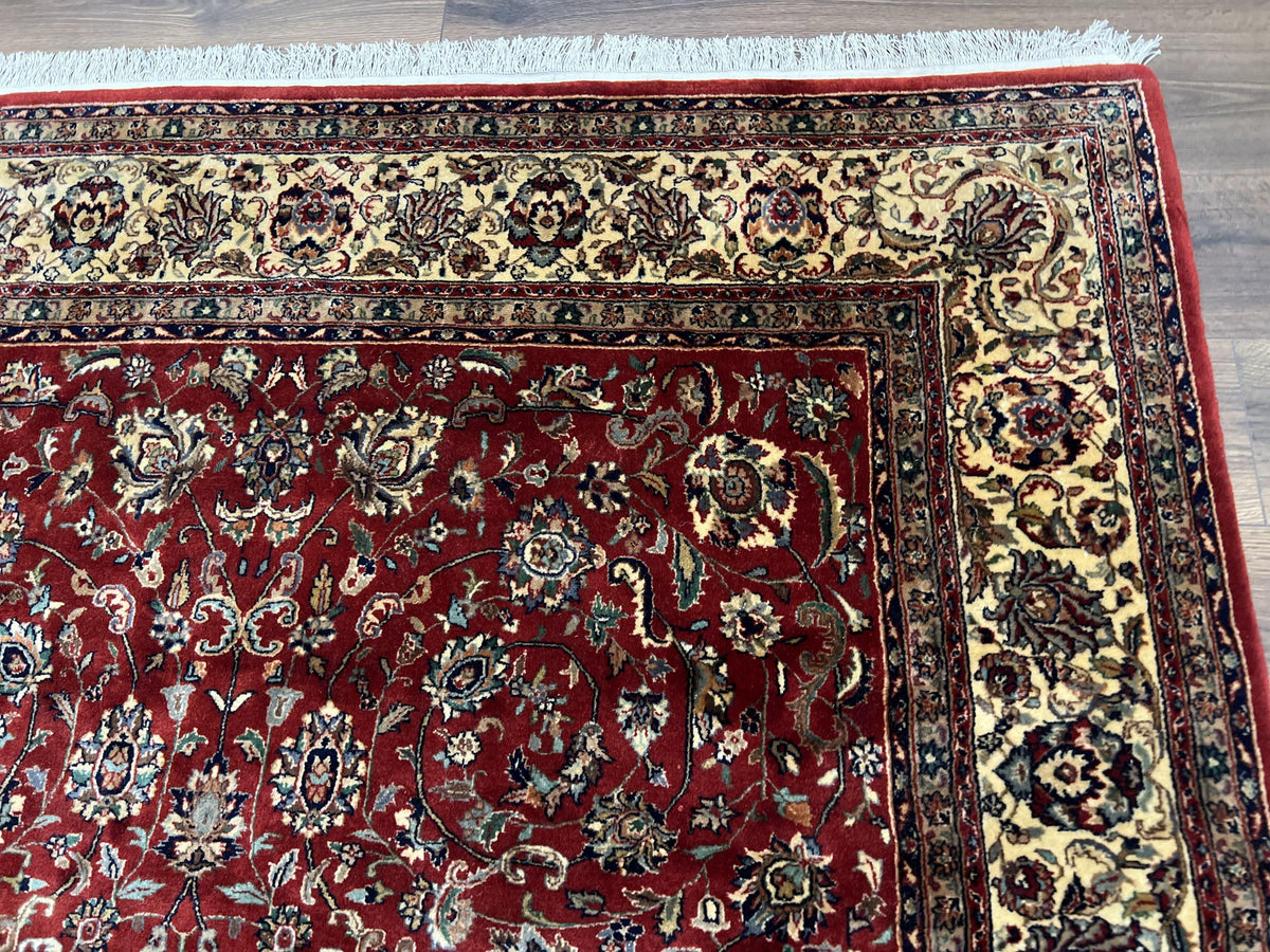 Vintage Indo Persian Rug 6x9, Very Finely Hand-Knotted Carpet 6 x 9 Red Cream Indian Oriental Carpet, Traditional Floral Wool Area Rug 1970s - Jewel Rugs, view 7