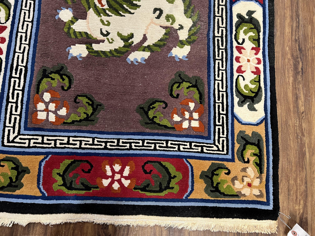 Chinese Art Deco Rug 3 x 5.5 with Animal Pictorials, Vintage Chinese Peking Wool Area Rug, Dark Puce Maroon Ivory, Hand Knotted Soft Carpet - Jewel Rugs, view 10