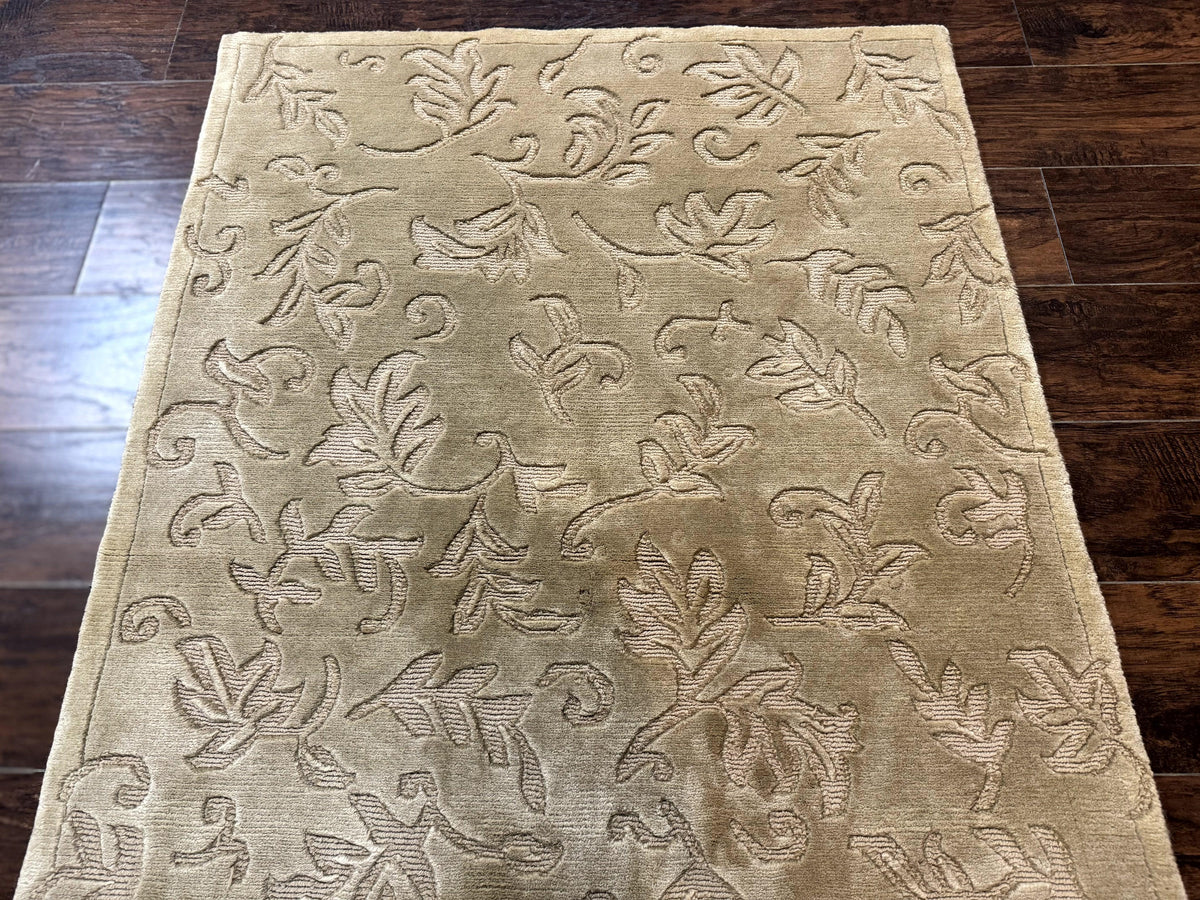 Modern Tibetan Rug 3.7 x 5.5, Carved Floral Design, Wool and Silk Highlights - Jewel Rugs, view 5
