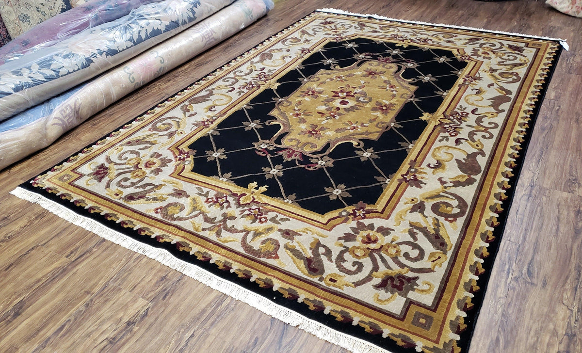 6x9 Nepalese Rug, Aubusson Savonnerie Area Rug 6 x 9 with Soft Pile, Hand-Knotted Wool Black & Beige Tibetan New Carpet European Design - Jewel Rugs, view 3