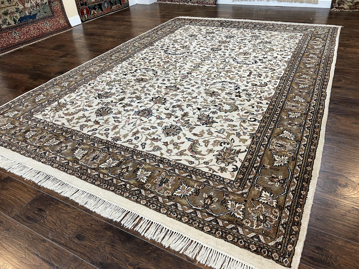 Indo Kirman Rug 8x12 Allover Floral Design, Ivory/Cream Brown, Vintage Handmade Hand Knotted Rug, Traditional Wool Persian Carpet 8 x 12 - Jewel Rugs, view 3