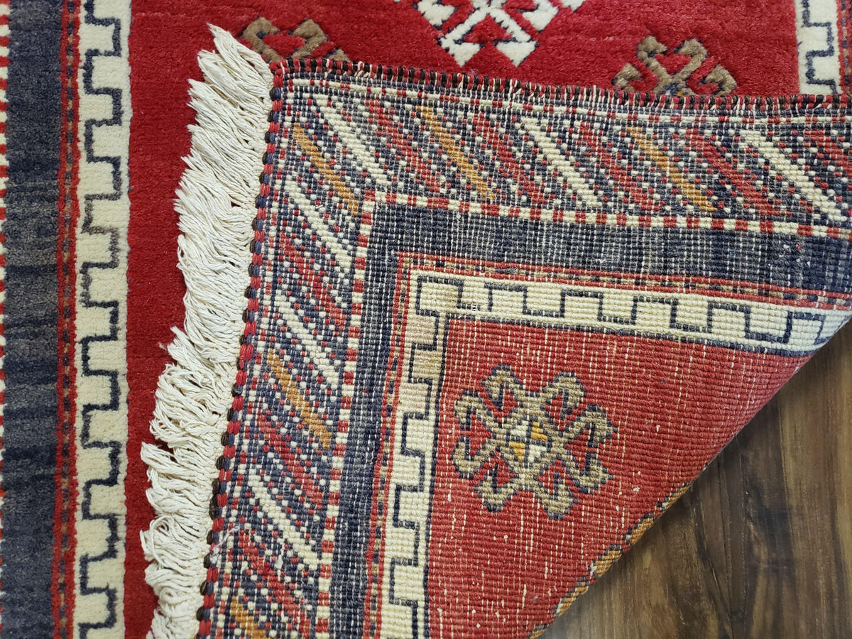 Vintage Turkish Kazak Rug 2.5 x 5 Red Wool Carpet Medallions Runner Geometric - Jewel Rugs, view 11