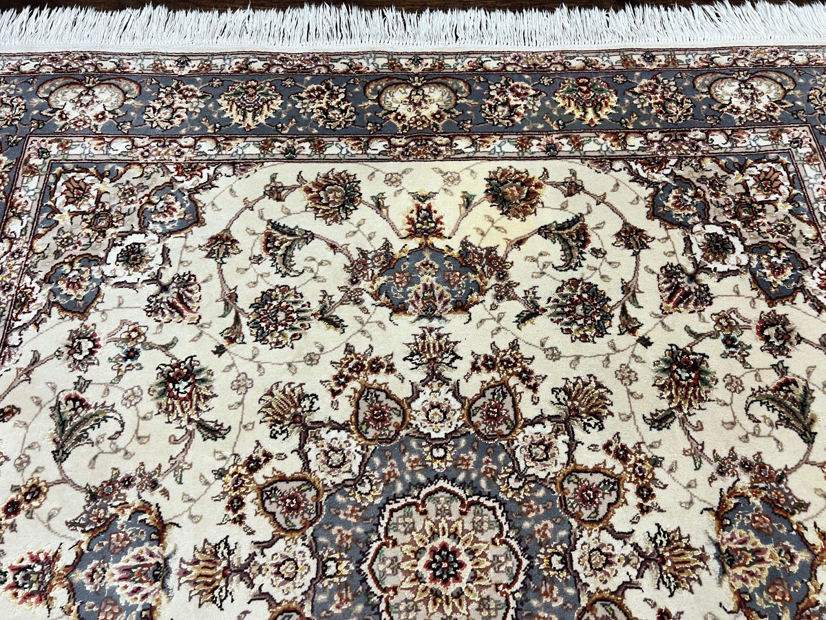 Sino Persian Square Rug 5x5, Very Fine Oriental Carpet, Wool & Silk Highlights, Ivory, Hand Knotted Handmade Vintage Traditional Rug - Jewel Rugs, view 4