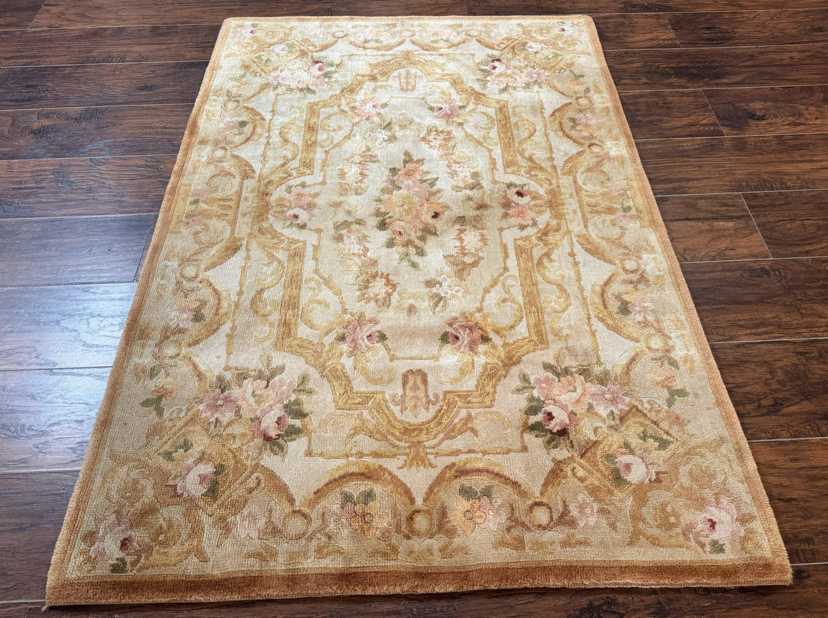 Chinese Aubusson Rug 3.6 x 5, Beige and Gold, Handmade Vintage Elegant European Design Carpet, Plush Wool, Handmade - Jewel Rugs, view 13
