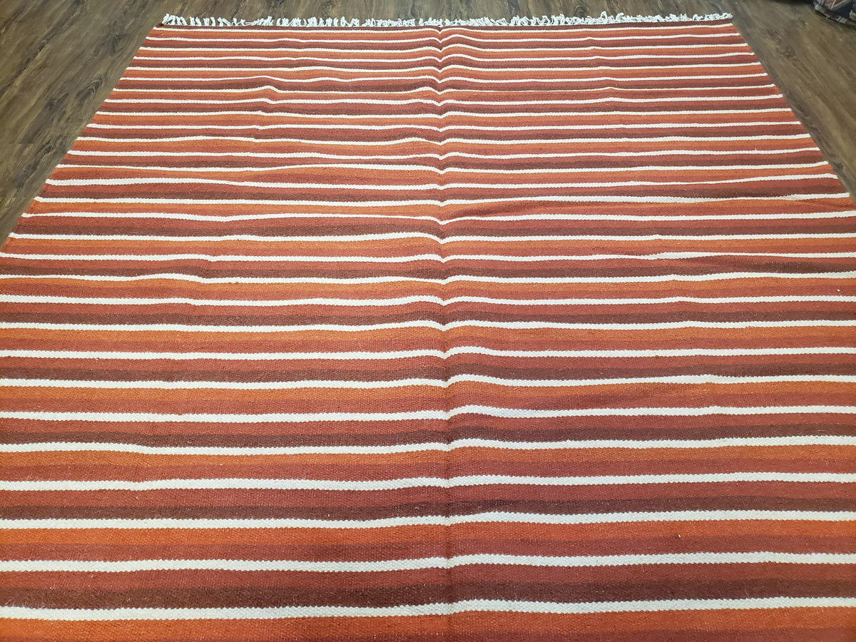 Large Striped Woolen Handmade Throw Blanket, Twin Size Bedding Hand-Woven, Indian Kilim Area Rug, 6x8 - 7x8, South American Style Textile - Jewel Rugs, view 12