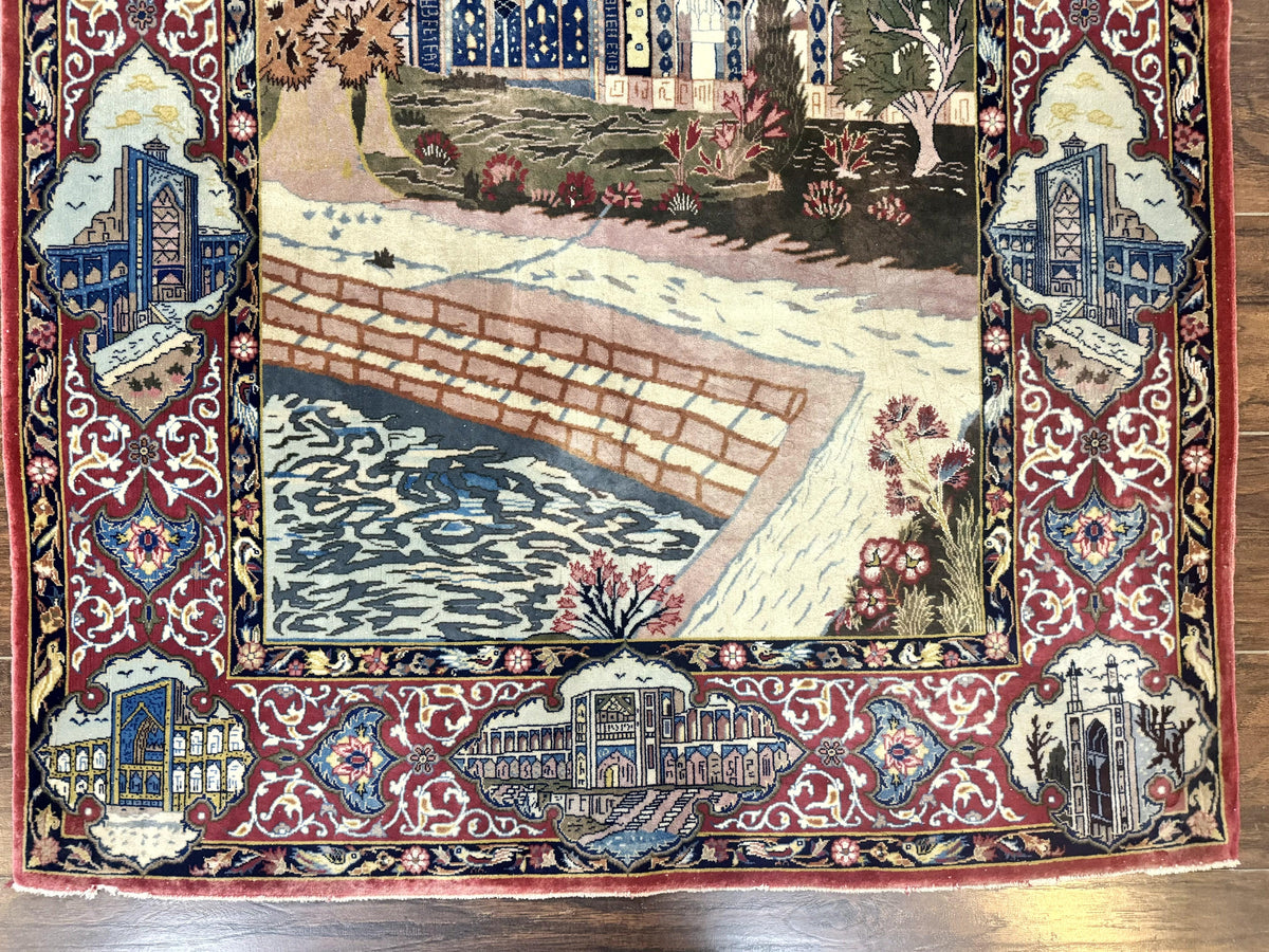 Persian Isfahan Pictorial Rug 3.6 x 5.7, Very Fine 400 KPSI, Historical Buildings, Signed By Masterweaver, Handmade - Jewel Rugs, view 6