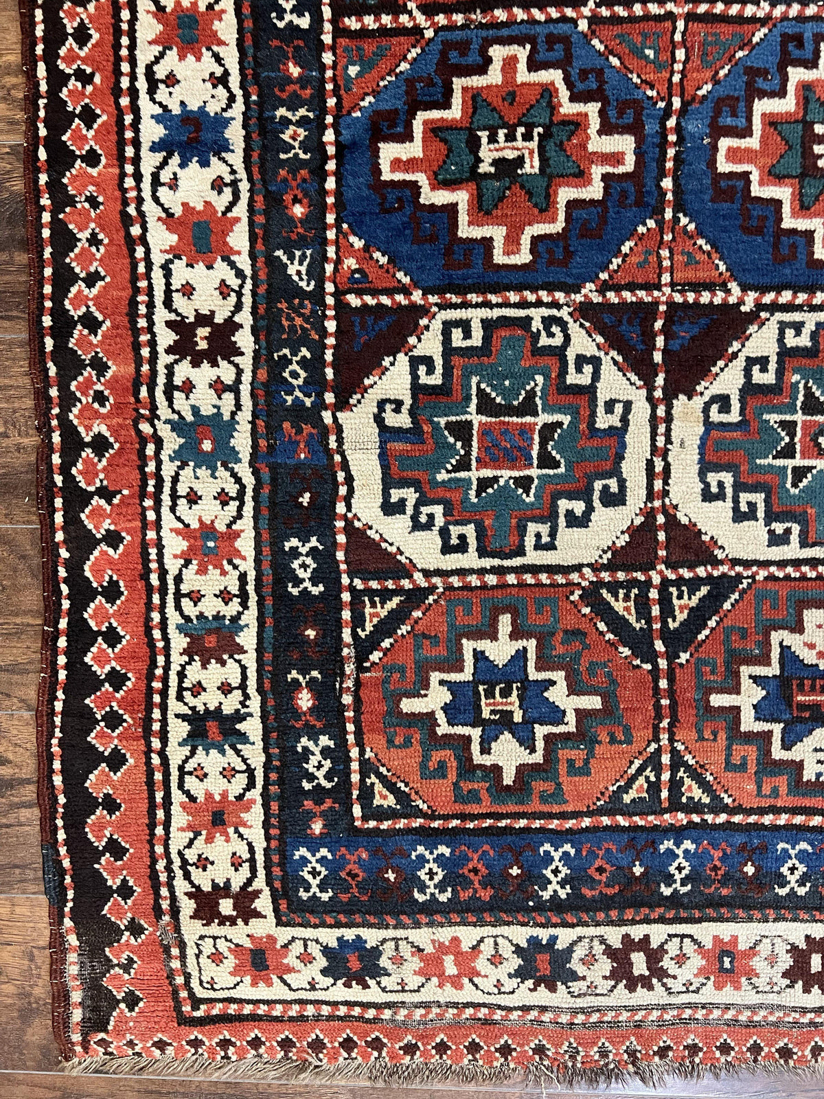 Antique Caucasian Kazak Runner Rug 4 x 9.5, Handmade Wool Rug for Hallway, Rare Colorful Panel Design Mid 19th Century 1870s Oriental Carpet - Jewel Rugs, view 8