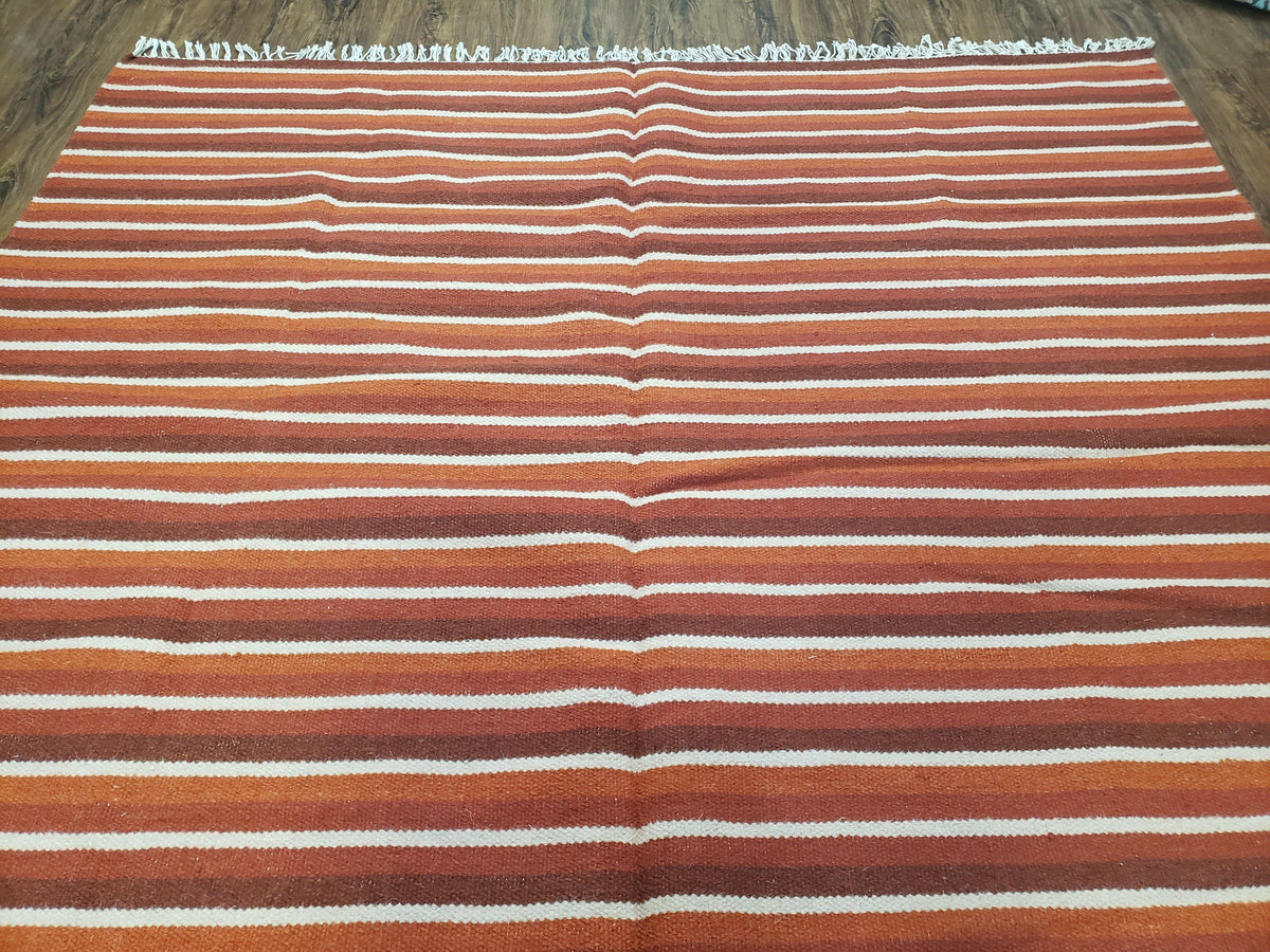 Large Striped Woolen Handmade Throw Blanket, Twin Size Bedding Hand-Woven, Indian Kilim Area Rug, 6x8 - 7x8, South American Style Textile - Jewel Rugs, view 5
