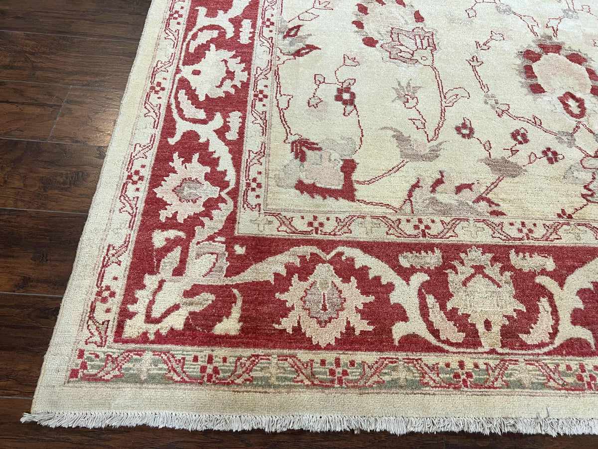 Peshawar Rug 8x12 Pakistani Carpet, Oriental Rug 8 x 12 Chobi Rug, Beige and Red, Allover Large Floral Design, Hand Knotted Vintage Wool - Jewel Rugs, view 9