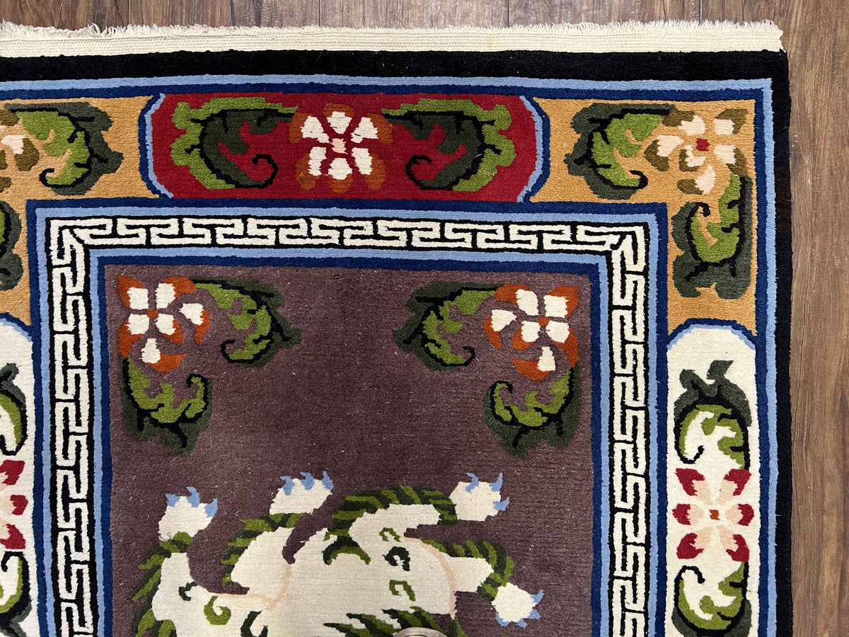 Chinese Art Deco Rug 3 x 5.5 with Animal Pictorials, Vintage Chinese Peking Wool Area Rug, Dark Puce Maroon Ivory, Hand Knotted Soft Carpet - Jewel Rugs, view 8