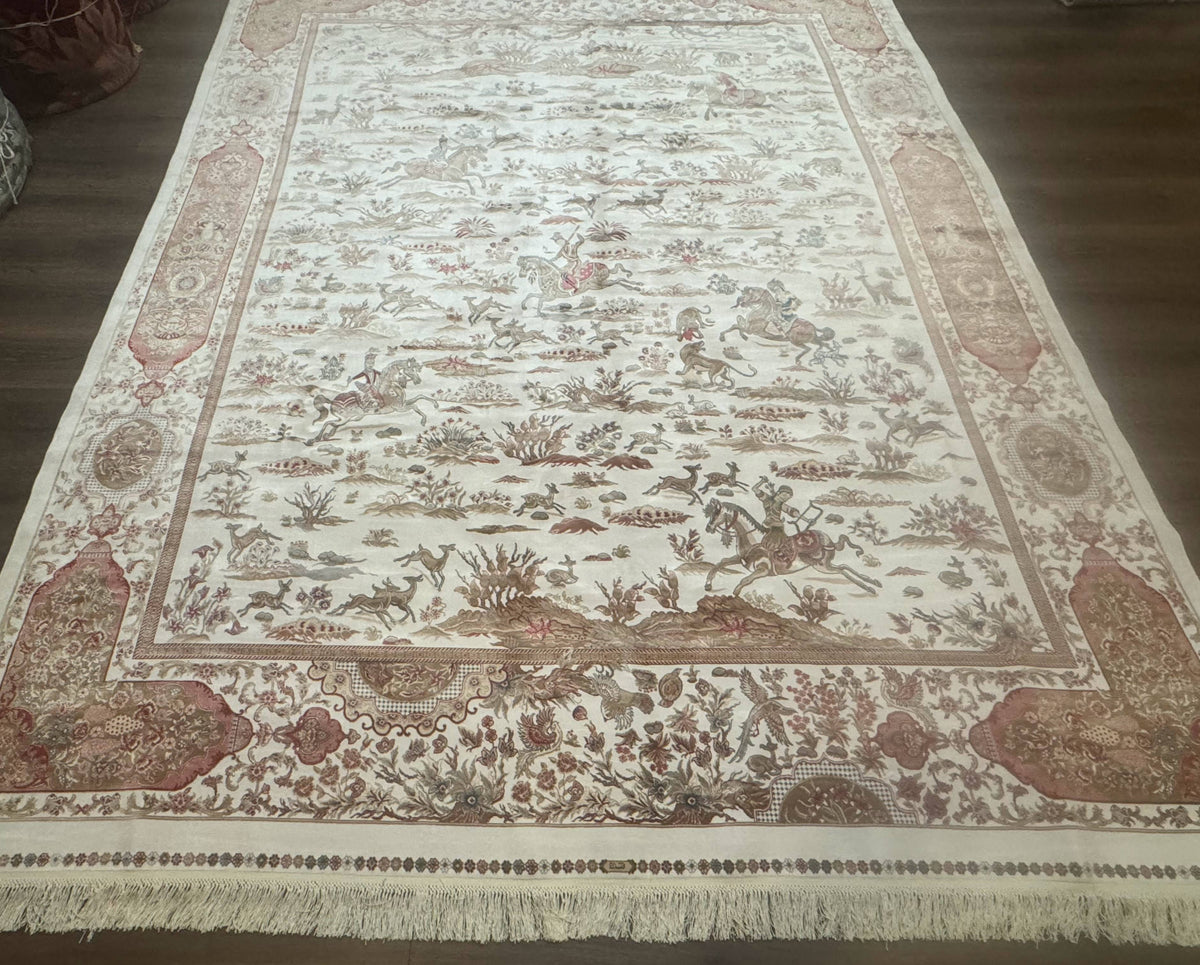 Large Turkish Silk Rug 8x10, Ivory, Hunting Design, Bamboo Silk, New - Jewel Rugs, view 6