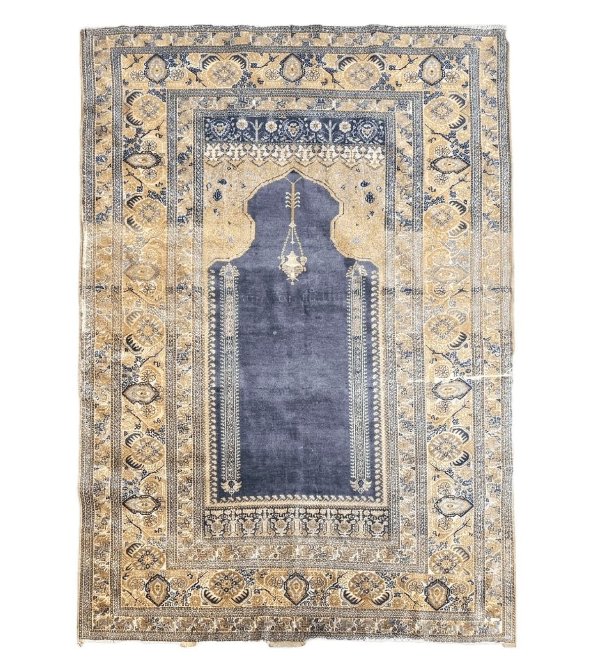 Rare Turkish Ghiordes Prayer Rug 4 x 5.8 ft, Late 19th Century Turkish Oriental Carpet, Mehrab Antique Prayer Rug, Museum Quality, Blue, Tan - Jewel Rugs