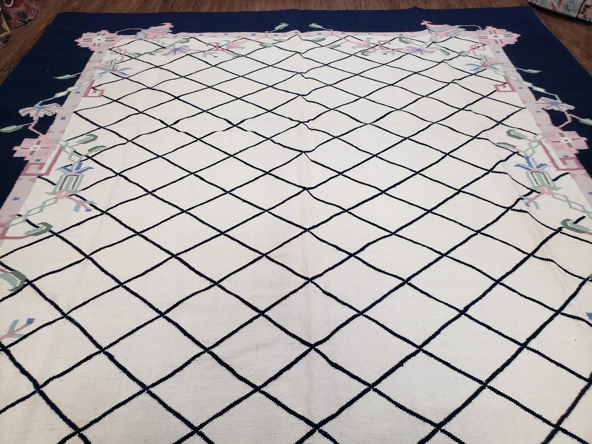 Vintage Dhurrie Rug, Indian Dhurrie 8x11 - 9x11, Wool Hand-Woven Ivory & Black Indo Carpet, Large Flat Weave Rug Living Room Rug Black White - Jewel Rugs, view 5