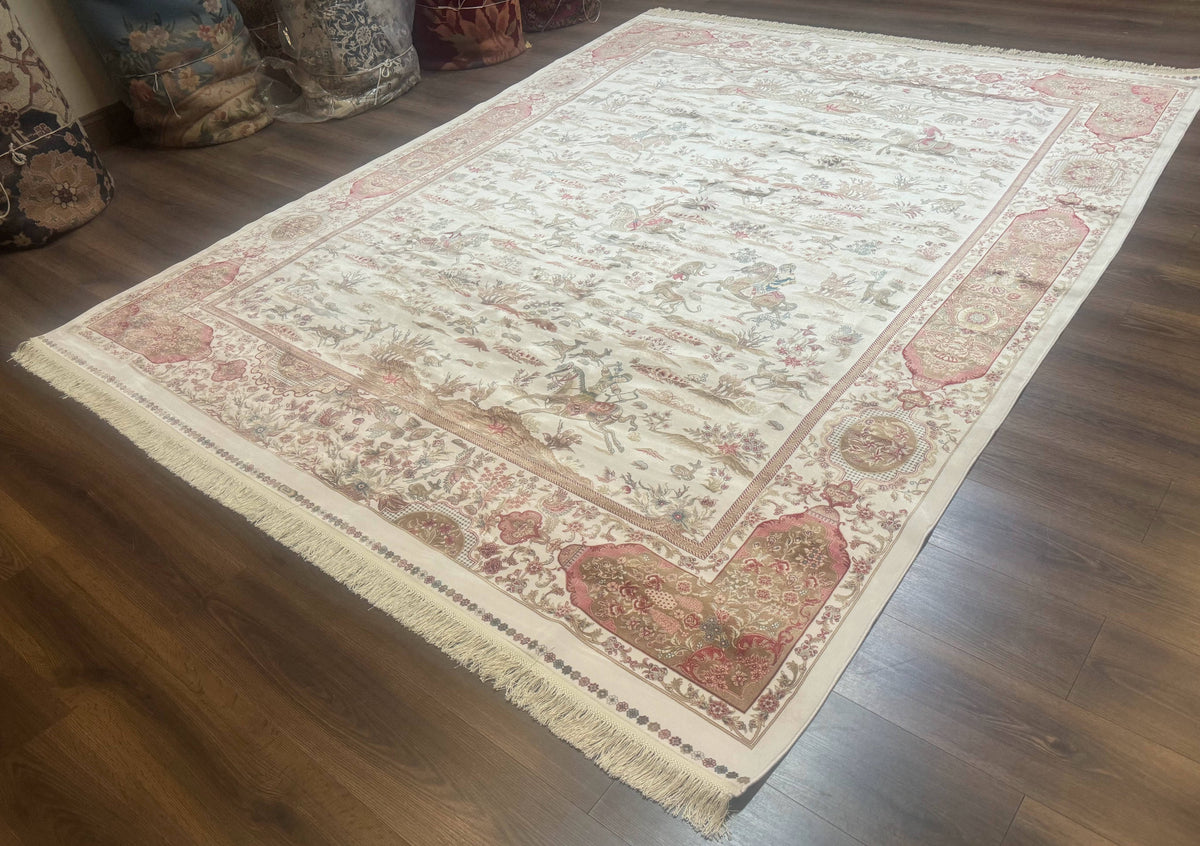 Large Turkish Silk Rug 8x10, Ivory, Hunting Design, Bamboo Silk, New - Jewel Rugs, view 3