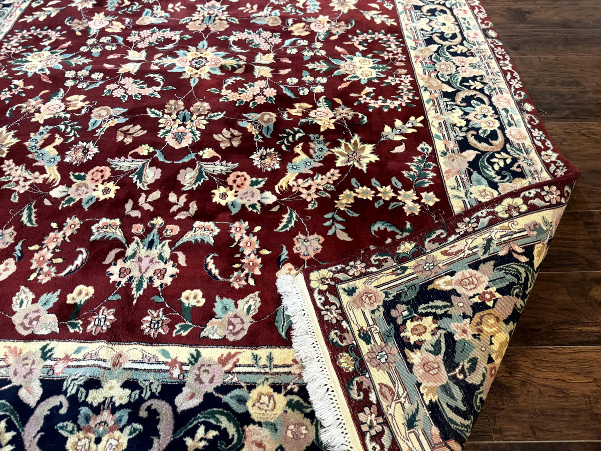 Indo Persian Rug 8x10, Floral Allover with Bird Pictorials, Maroon and Navy Blue, Handmade Wool Area Rug - Jewel Rugs, view 12