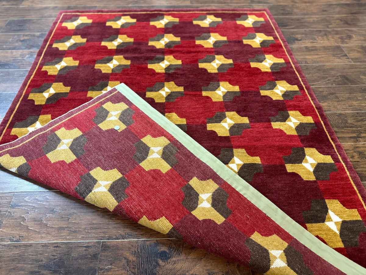 Modern Tibetan Rug 5 x 6.8, Wool, Red, Allover Pattern, Nepali Rug, Abstract Rug, Handmade Area Rug - Jewel Rugs, view 11