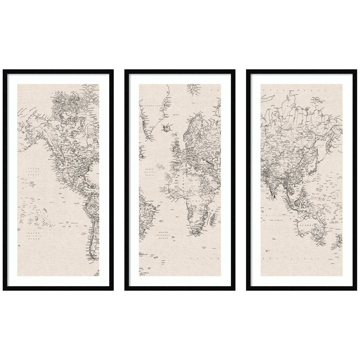 Vintage Black and White World Map Linen 3 Piece Framed Wall Art Print Set by The Creative Bunch Studio