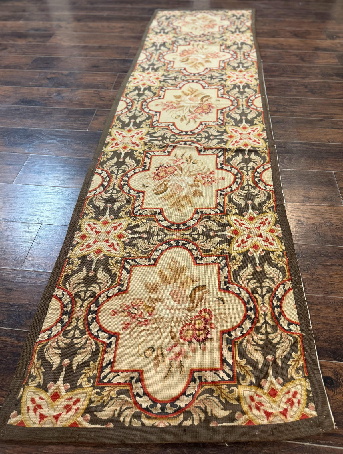 Needlepoint Runner Rug 2.7 x 9.7, European French Design, Wool, Handmade, Vintage - Jewel Rugs, view 13