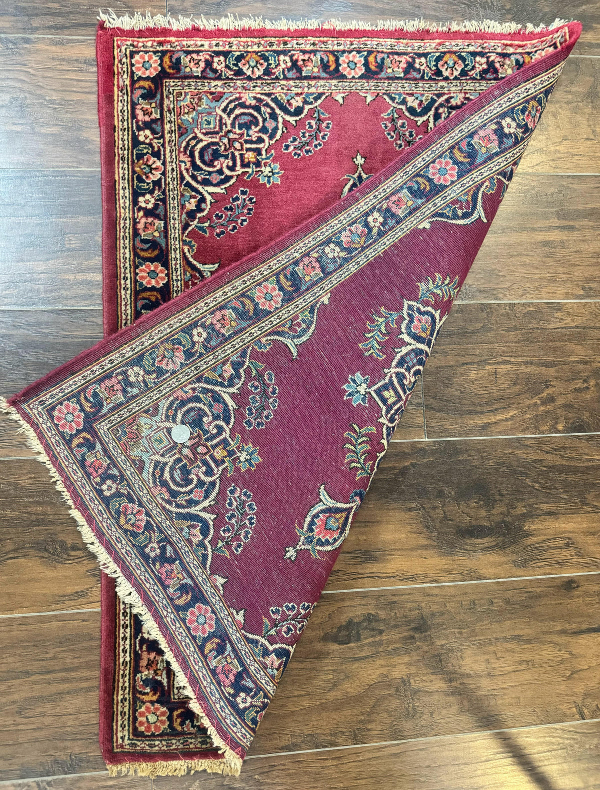 Small Persian Kashan Rug 2x3, Red and Navy Blue, Handmade Vintage Wool Semi Antique Persian Carpet, Semi Open Field, Pair B - Jewel Rugs, view 8