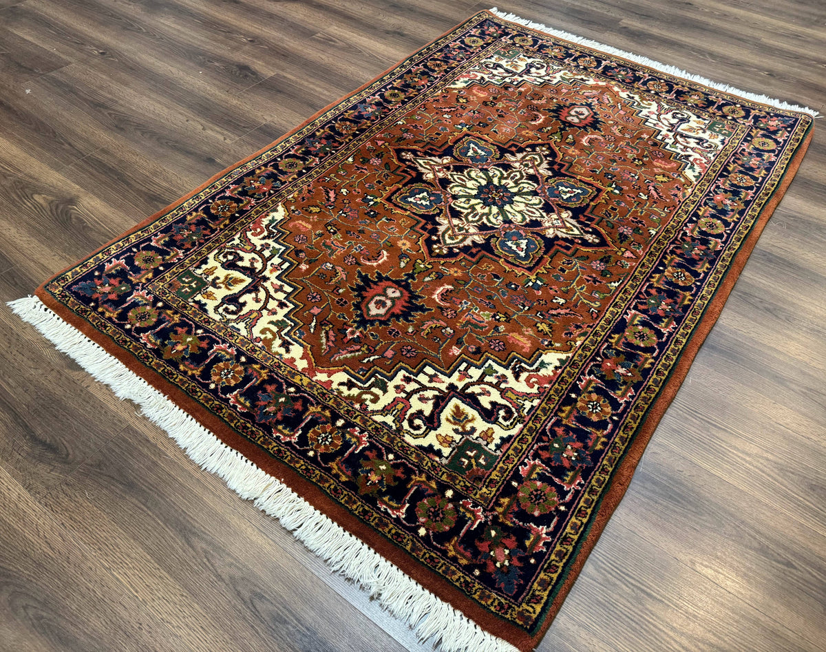 Indo Persian Heriz Rug 4x6, Rust Red Navy Blue and Cream - Jewel Rugs, view 3