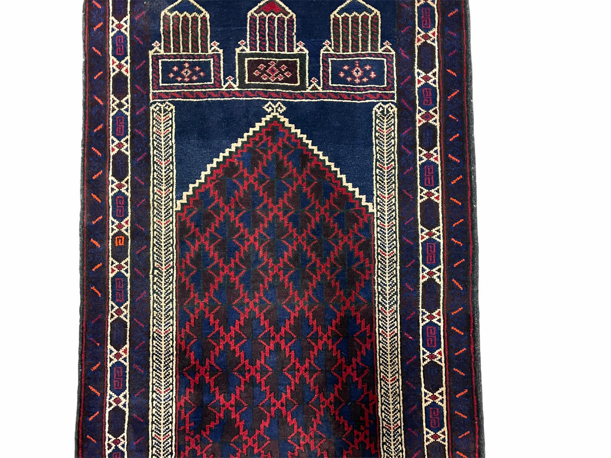 3x5 Vintage Handmade Tribal Wool Rug Balouchi Prayer Rug Afghan Rug Red Blue Wow - Jewel Rugs, view 4