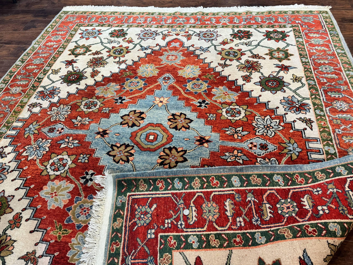 Indo Persian Heriz Rug 7x9, Geometric Pattern, Cream & Light Red, Handmade Vintage Wool Carpet - Jewel Rugs, view 12