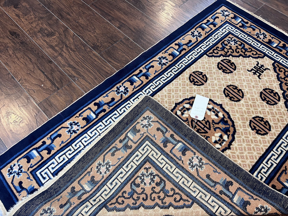 Chinese Peking Rug 3x5, Antique Chinese Art Deco Carpet, Blue Ivory Tan, Hand Knotted Wool Asian Oriental Rug 3 x 5 Vintage Small Peking Rug - Jewel Rugs, view 10