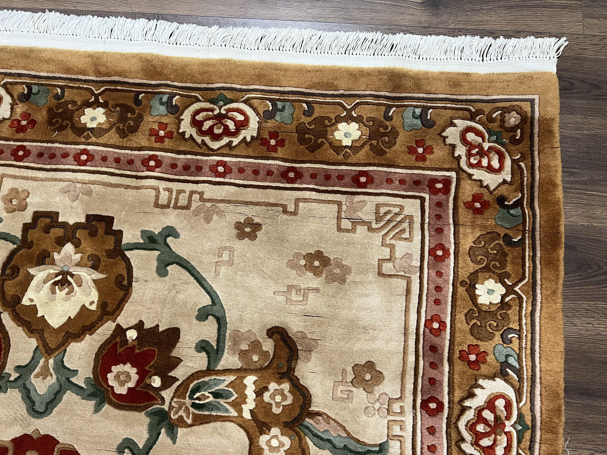Chinese Wool Rug 5.9 x 9, Tan and Brown Asian Art Deco Carpet, Vintage 1960s Oriental Rug, Hand-Knotted Rug, Soft Wool, Medallion, Pair B - Jewel Rugs, view 8