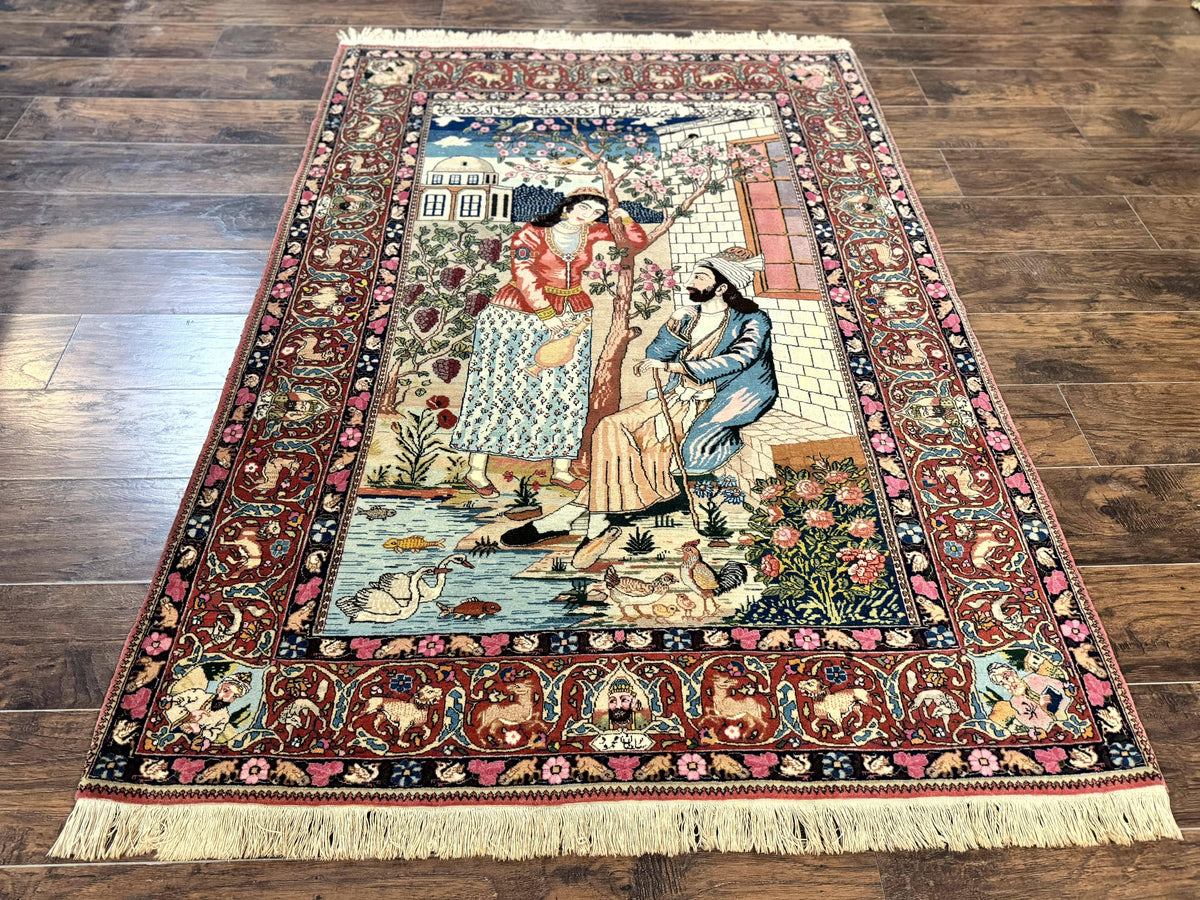 Wonderful Persian Kashan Pictorial Rug 4.7 x 6.5, Persian Rug for Wall Hanging, Handmade Antique Wool Carpet Animal Motifs Poetry Lovers, 240 KPSI - Jewel Rugs, view 2