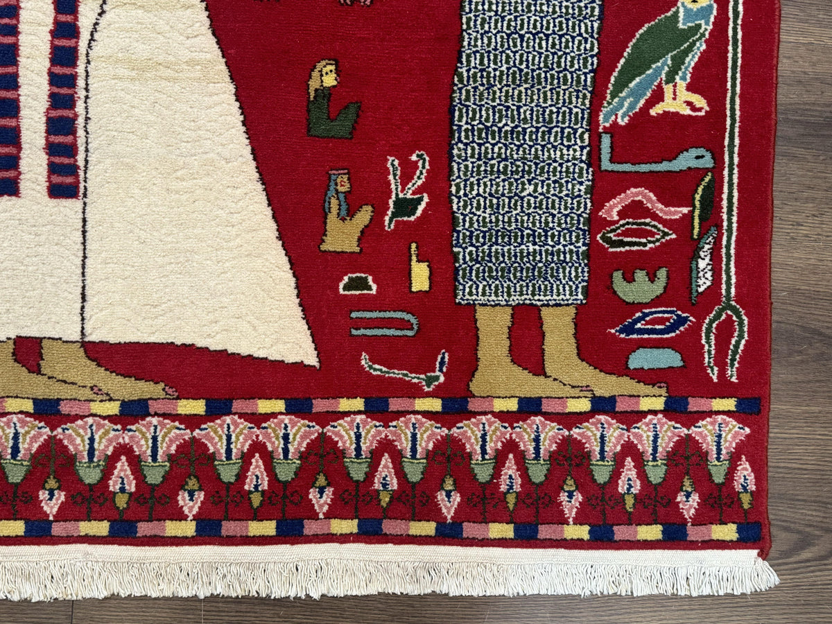 Egyptian Pictorial Rug 3x4, Hieroglyphic Pictorial Rug, Egyptian Prince and Princess, Cleopatra, Vintage Handmade, Red - Jewel Rugs, view 10