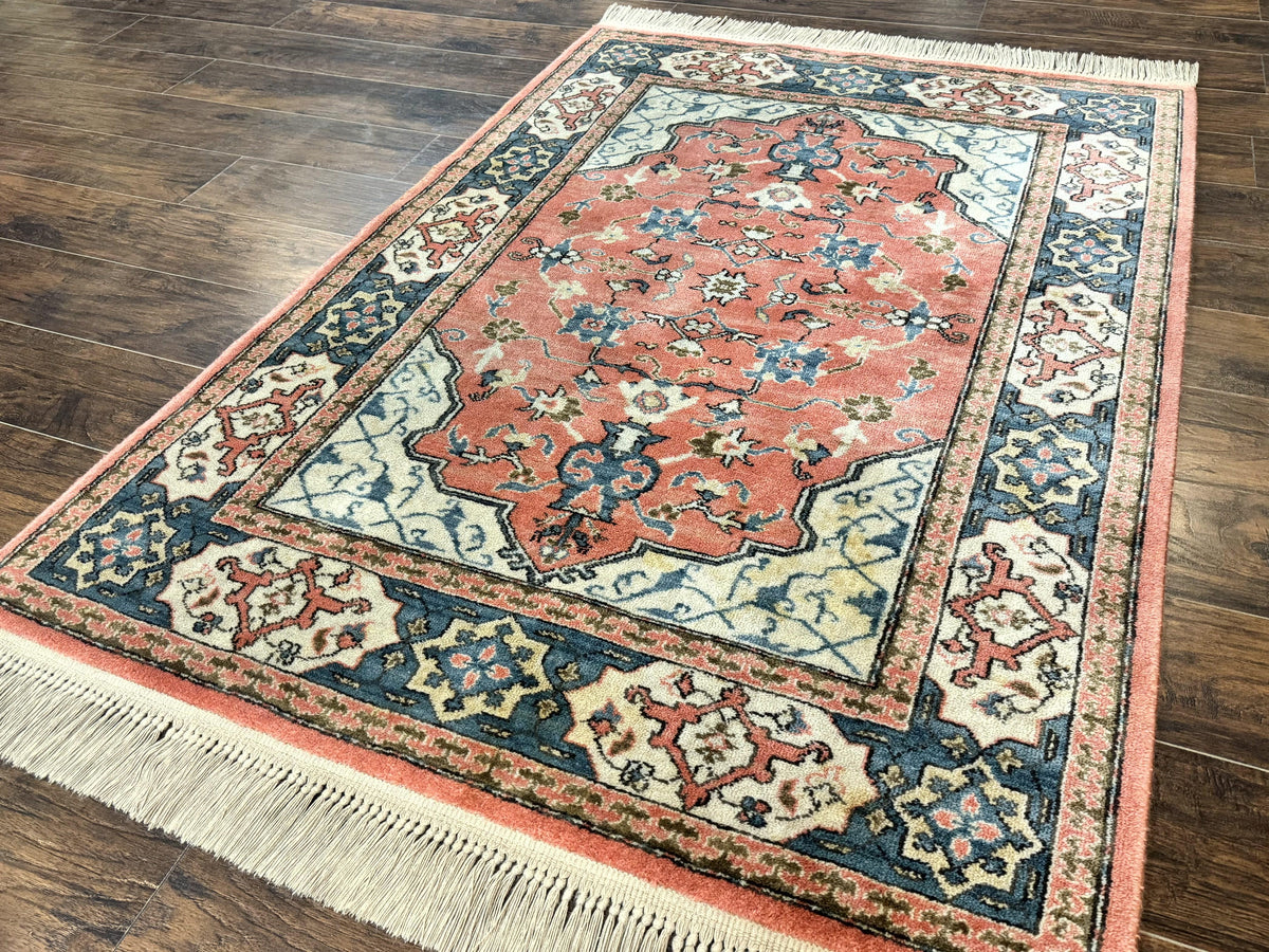 Karastan Rug 4x6 Bergama Design #737, Karastan Area Rug, Vintage Wool Karastan Carpet, Original Collection 700 Series, Salmon Red Light Blue - Jewel Rugs, view 3