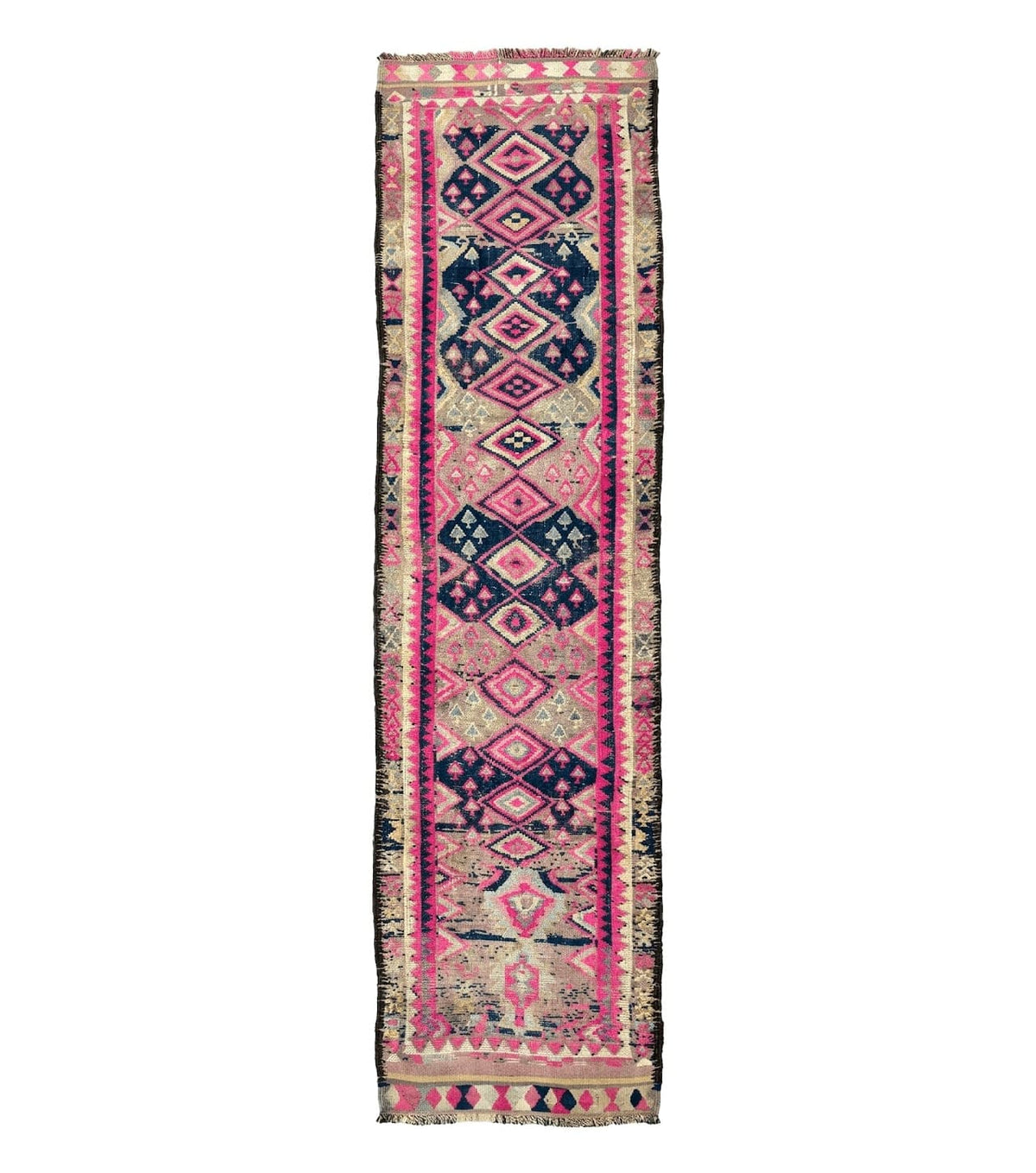 Turkish Runner Rug 3x10, Pink and Navy Blue, Bohemian Runner for Hallway or Kitchen, Vintage, Geometric, Tribal - Jewel Rugs