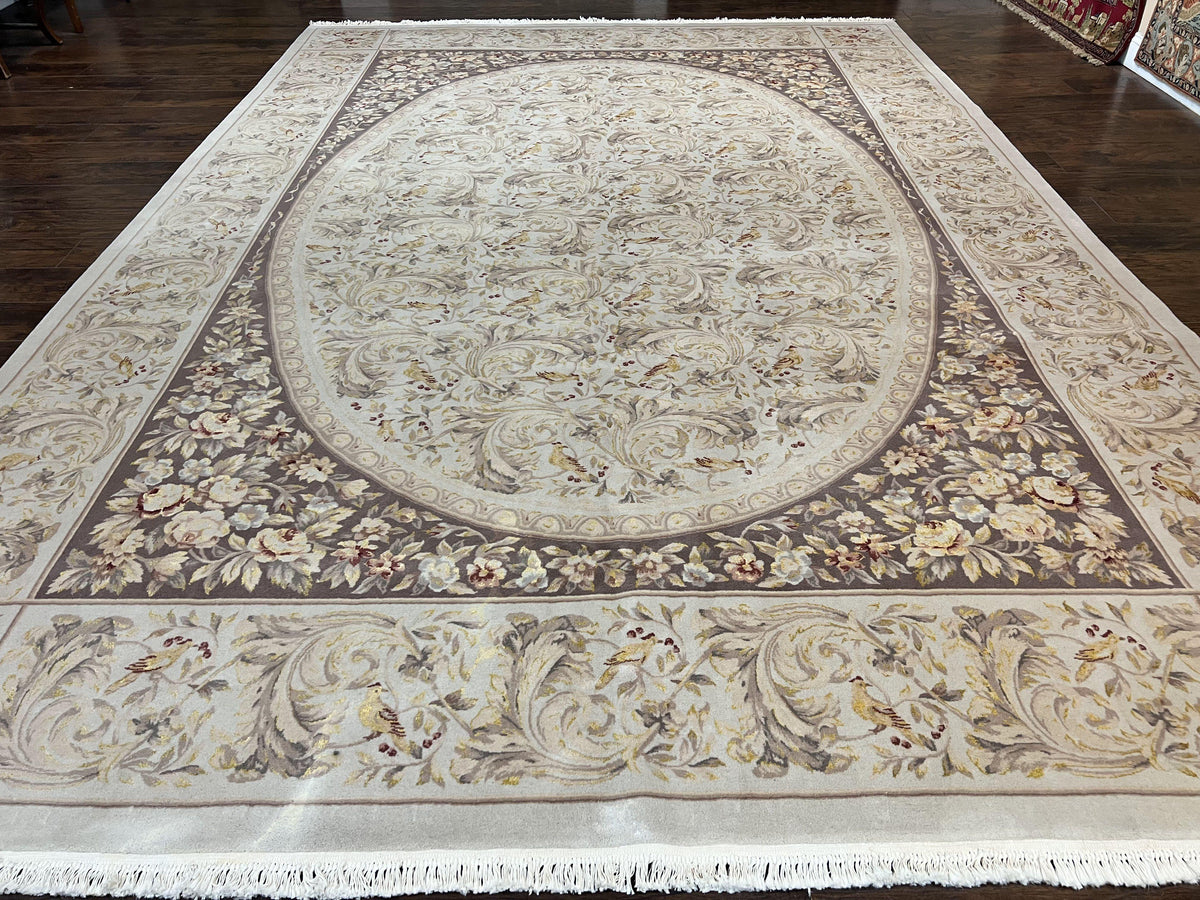Aubusson Rug 10x14, Wool & Silk Highlights Hand Knotted Vintage Carpet, Birds Flowers, Fine Details, Elegant - Jewel Rugs, view 2