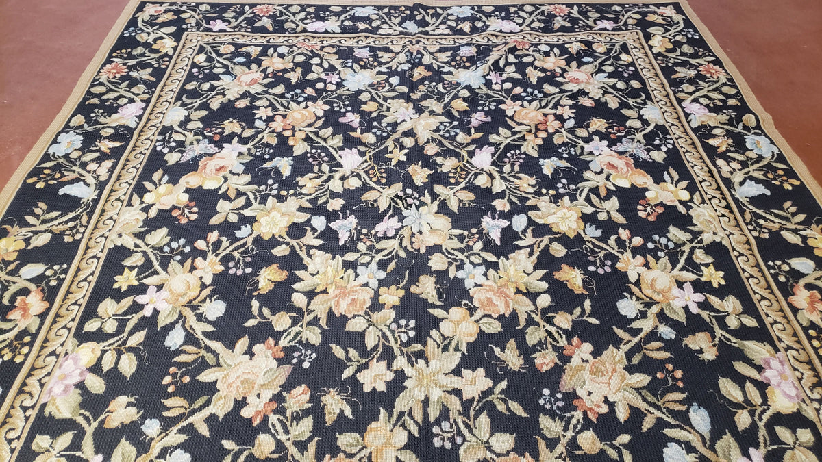 6x9 Vintage Needlepoint Rug, Petitepoint Carpet, Butterflies Floral Design - Jewel Rugs, view 3