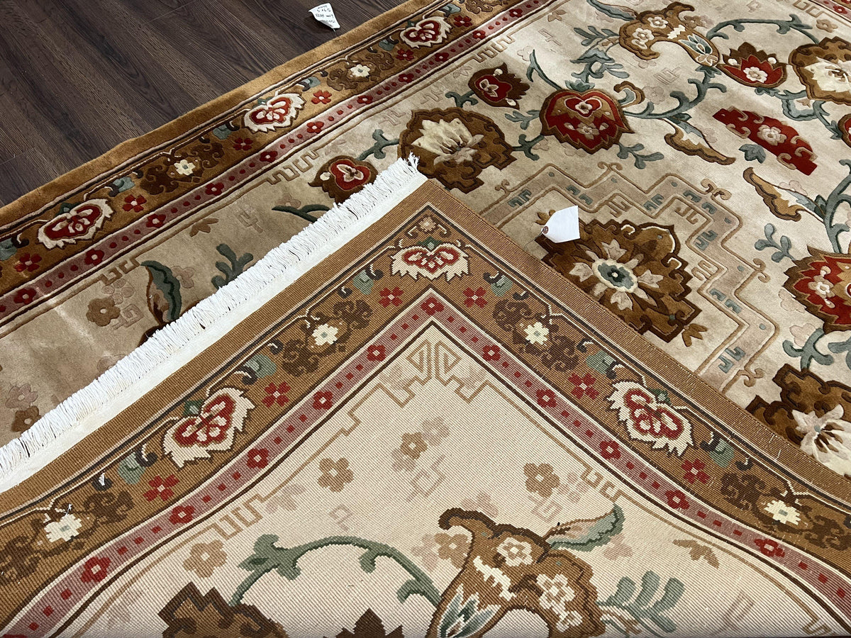 Chinese Wool Rug 5.9 x 9, Tan and Brown Asian Art Deco Carpet, Vintage 1960s Oriental Rug, Hand-Knotted Rug, Soft Wool, Medallion, Pair B - Jewel Rugs, view 11