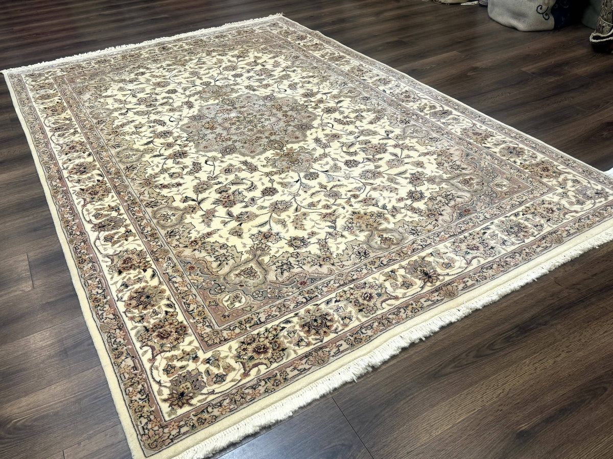 Sino Persian Rug 6x9, Floral Medallion, Ivory & Taupe, Wool with Silk Highlights, Fine 210 KPSI - Jewel Rugs, view 12
