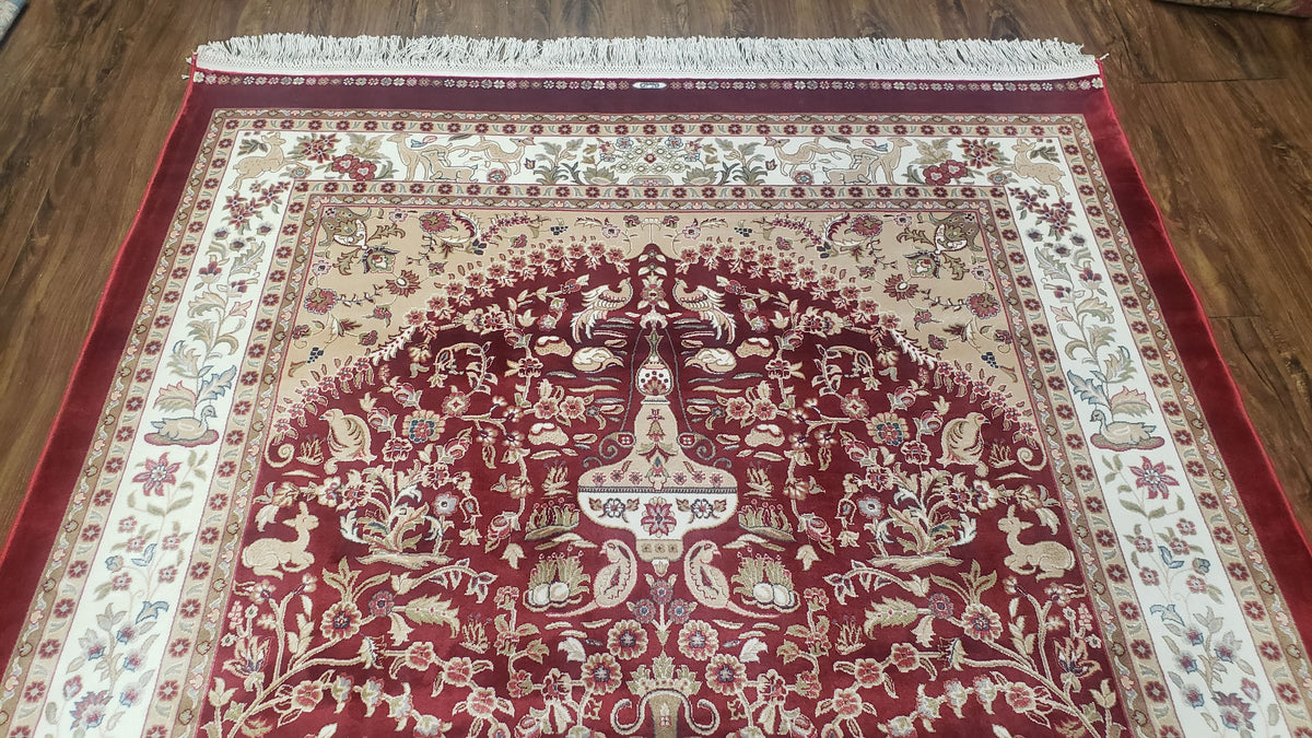 Silk Carpet 4x6 Dark Red & Cream, Tree of Life Rug, Animal Motifs, Birds Deer Rabbits, All Bamboo Silk, 4 x 6 Silk Area Rug - Jewel Rugs, view 4