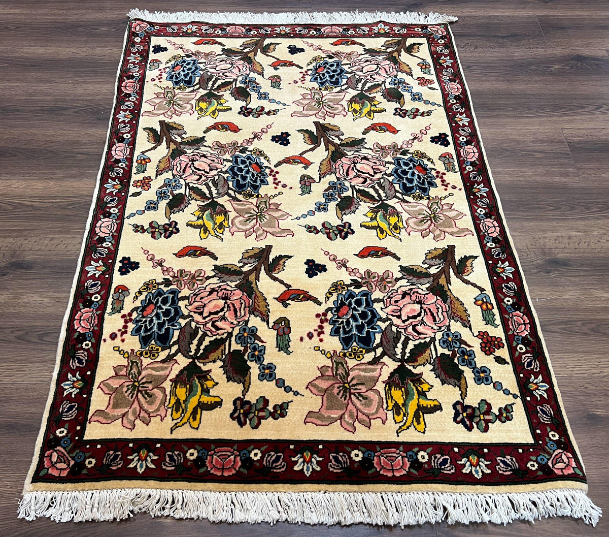 Persian Bidjar Rug 3.6 x 5 ft, Repeated Floral Motifs, Roses and Birds, Cream Burgundy, Fine Wool Oriental Bijar Carpet, Vintage Traditional Area Rug - Jewel Rugs, view 12