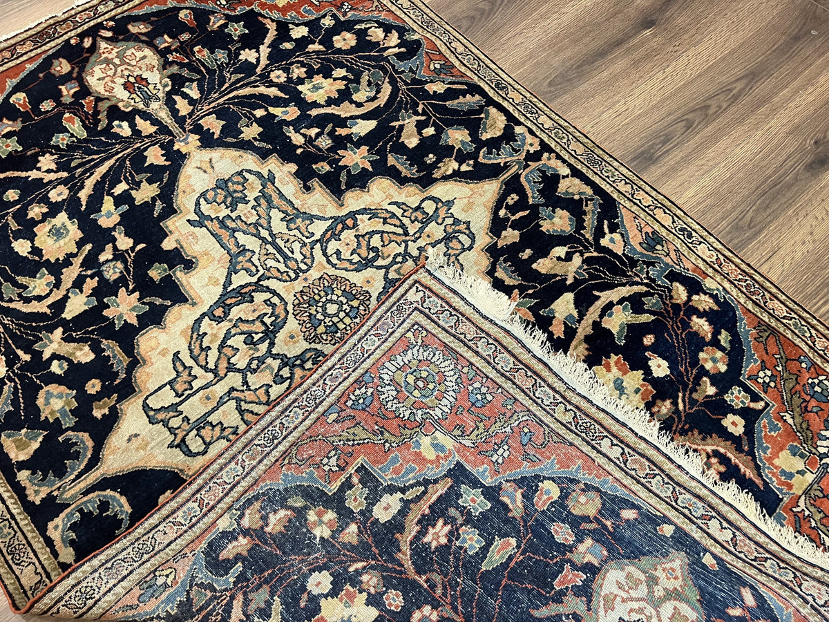 Antique Persian Rug 3.5 x 5, Sarouk Farahan Rug, High Quality 1920s Fine Oriental Carpet 3 x 5 ft, Large Medallion, Floral, Navy Blue Red, Hand Knotted Wool Rug - Jewel Rugs, view 10