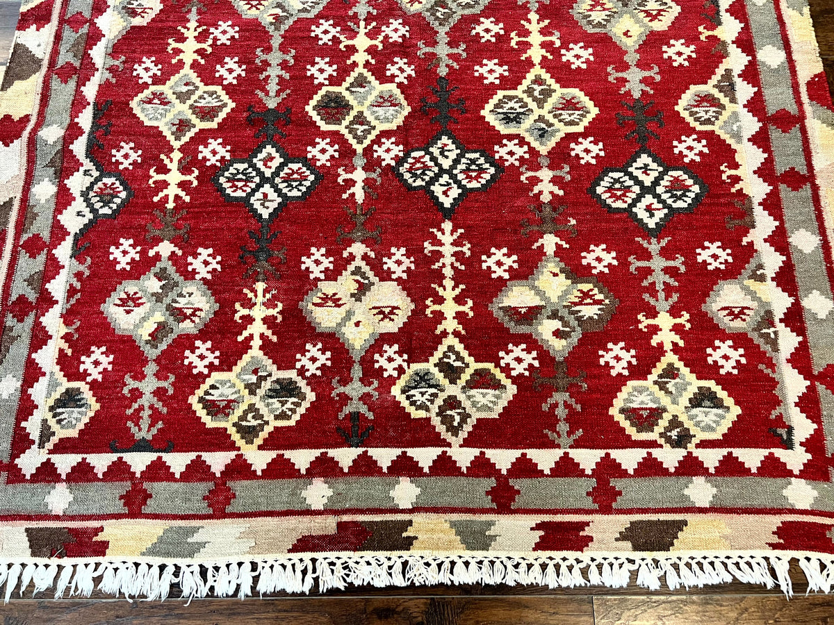 Indian Kilim Rug 6x6, Square Kilim Flatweave Carpet, Vintage Handmade Wool Rug, Red - Jewel Rugs, view 6
