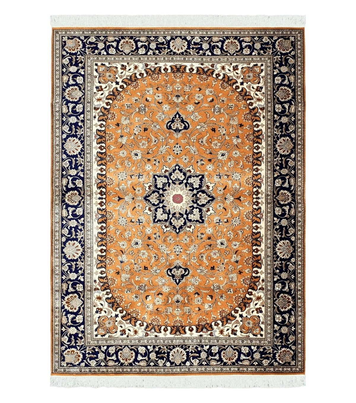 Vintage Persian Qum Silk Rug 4.6 x 6.7, Burnt Orange and Navy Blue, Antique Oriental Very Fine Signature Master Weaver 350+ KPSI Ghom Qom 5x7 Rug - Jewel Rugs