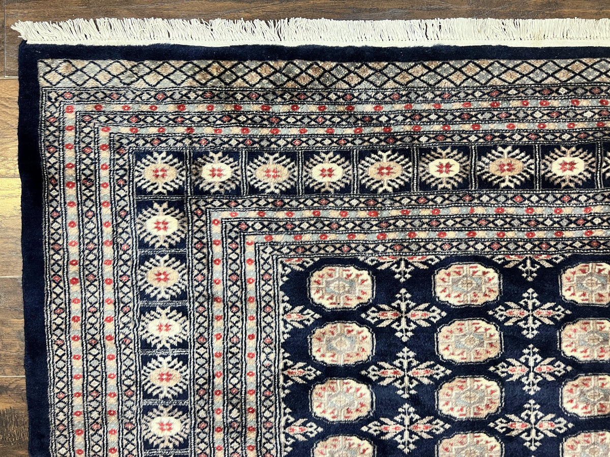 Pakistani Bokhara Rug 8x10, Turkoman Carpet, Dark Blue and Beige, Vintage Handmade Wool Carpet - Jewel Rugs, view 7
