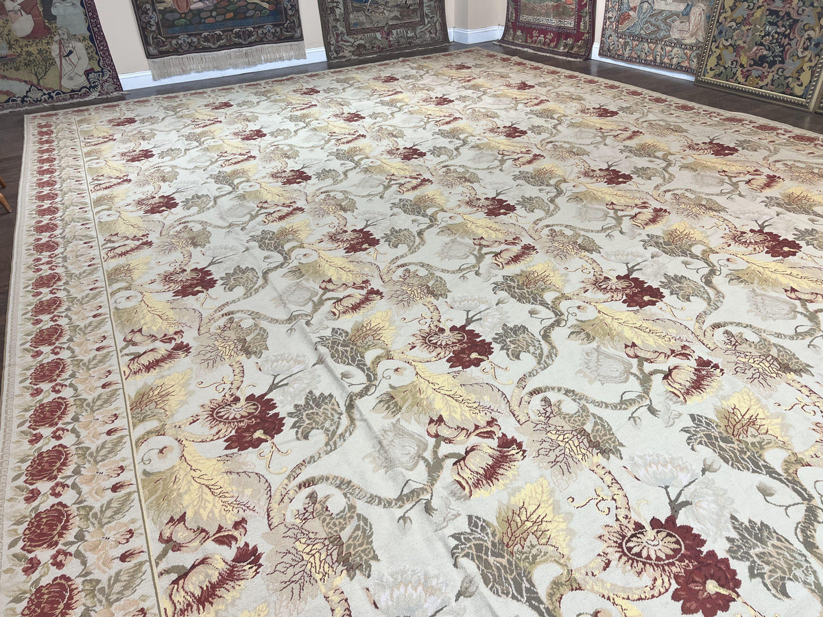 Extra Large Needlepoint Rug 14 x 20, Vintage Handwoven Handmade Wool Flatweave Carpet, Allover Floral Pattern, Elegant European Deisgn Rug - Jewel Rugs, view 12